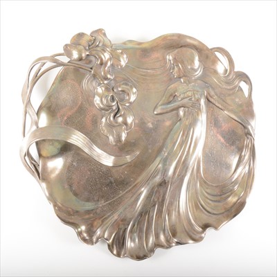 Lot 601 - An Art Nouveau silvered metal figural visiting card tray, by WMF, circa 1905.