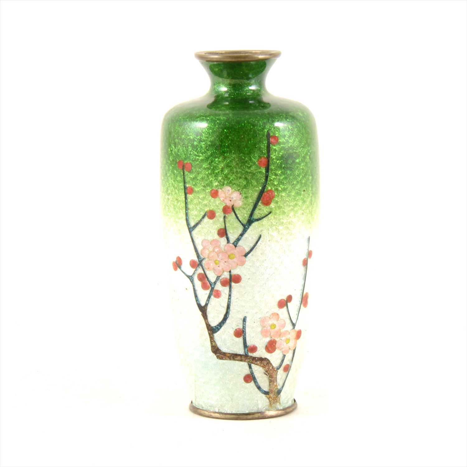 Lot 256 - A small Japanese cloisonné vase, on white metal, decorated with blossom