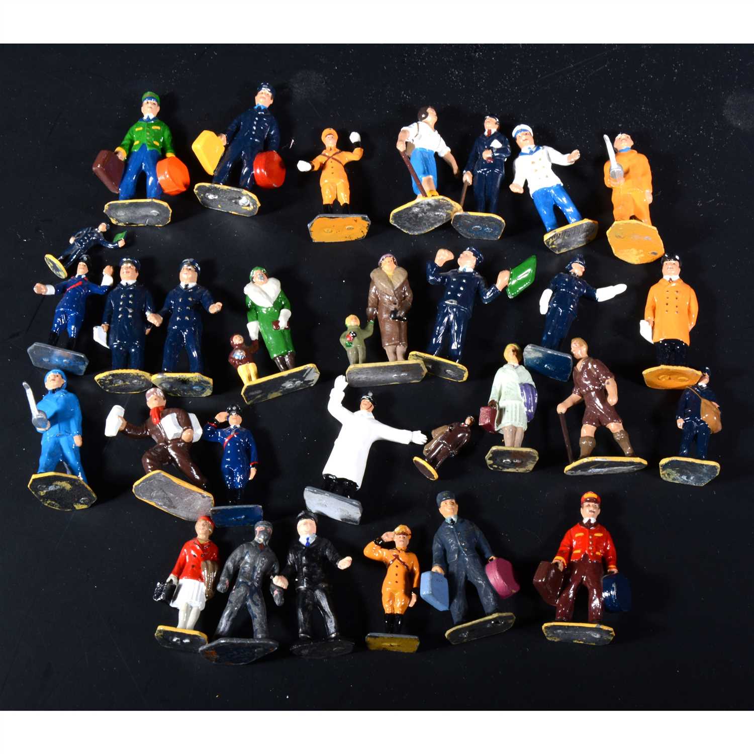 Lot 456 - A set of twenty eight metal railway figures, cast from Frank Hornbys' original moulds cast and hand painted by Somerville models, painted.