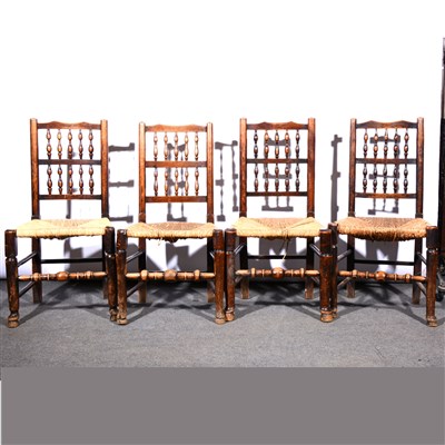 Lot 692 - A Harlequin set of six ash, oak and fruitwood spindle-back chairs