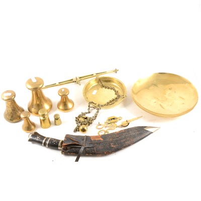 Lot 106 - Set of brass balance scales, by Day & Milward Limited; weights, candle snuffer and a kukri knife.