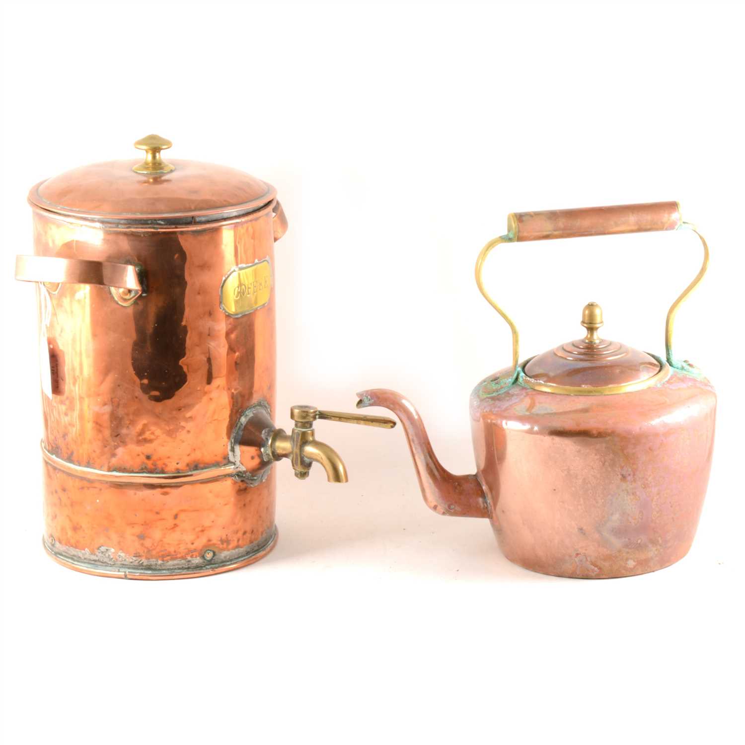 Lot 116 A copper and brass jardiniere, copper kettle,