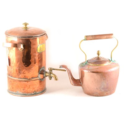 Lot 116 - A copper and brass jardiniere, copper kettle, coffee kettle, tray and two silver-plated trays.