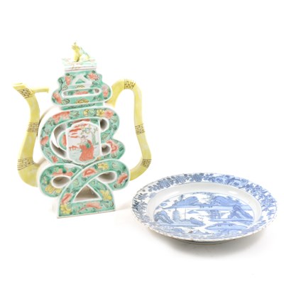 Lot 1 - A Chinese Sancai shou puzzle wine ewer and a porcelain plate.