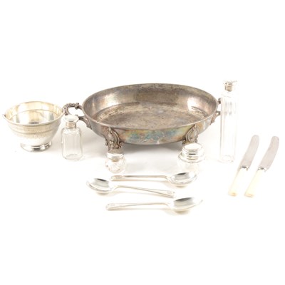 Lot 105 - Five silver-topped glass jars, a silver-plated bowl, serving dish and cutlery.