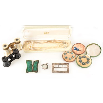 Lot 285 - A tray of Victorian and later collectables, dress studs, buckles, opera glasses, fruit knife, costume jewellery etc.