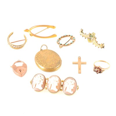 Lot 278 - A collection of Victorian and later gold jewellery, fox tie pin, ski tie pin, locket, rings, brooches, watch key et