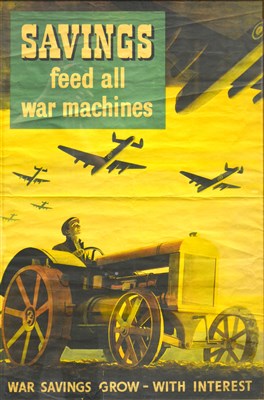 Lot 88 - Original WW2 lithographic poster Savings Feed all War Machines, 74cm x 49cm, framed.