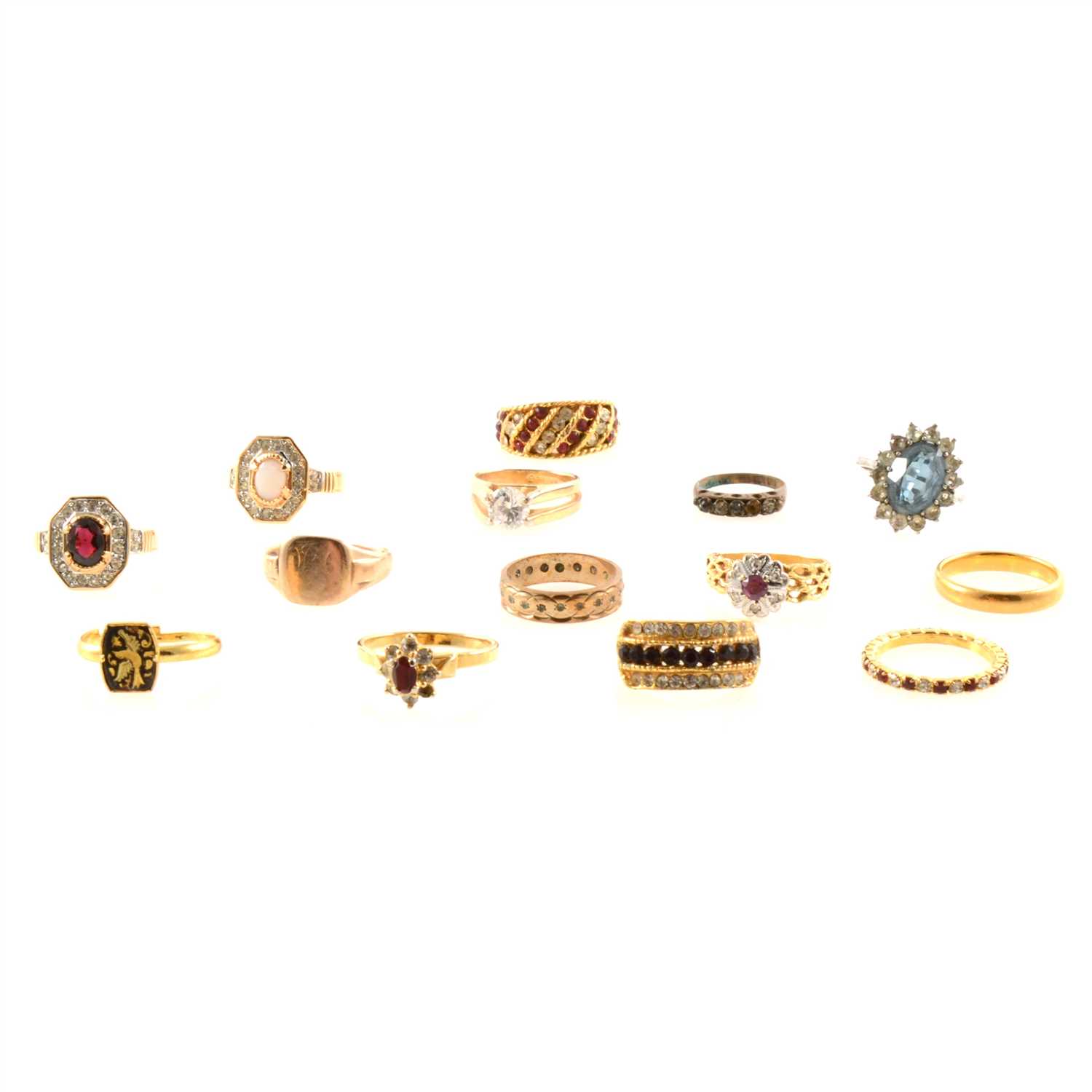 Lot 396 - Four gold rings. and ten costume jewellery rings.