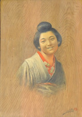 Lot 276 - Japanese School, A Geisha, pigment on grained wooden panel