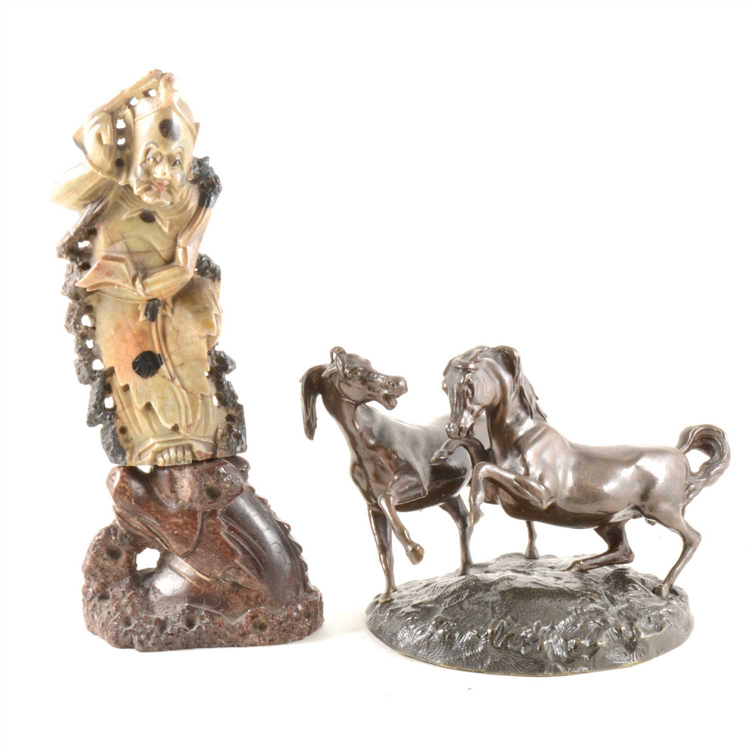 Lot 79 - Bronze animalier group, modelled with two horses, and carved soapstone Chinese figure
