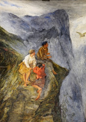 Lot 486 - Robert Carrick, Three boys on an outcrop, signed, watercolour, 57cm x 47cm.