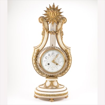 Lot 739 - Louis XVI style gilt metal and alabaster  lyre-shape mantel clock