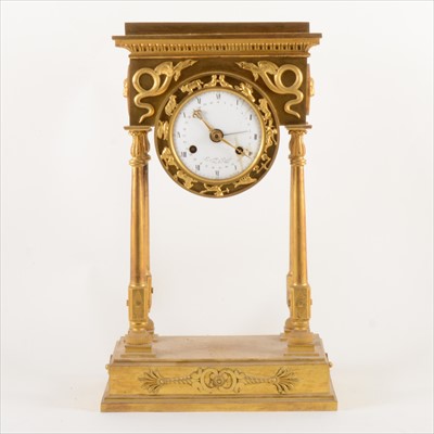 Lot 738 - French Empire style ormolu portico clock, 19th Century, signed Le Vol à Paris.