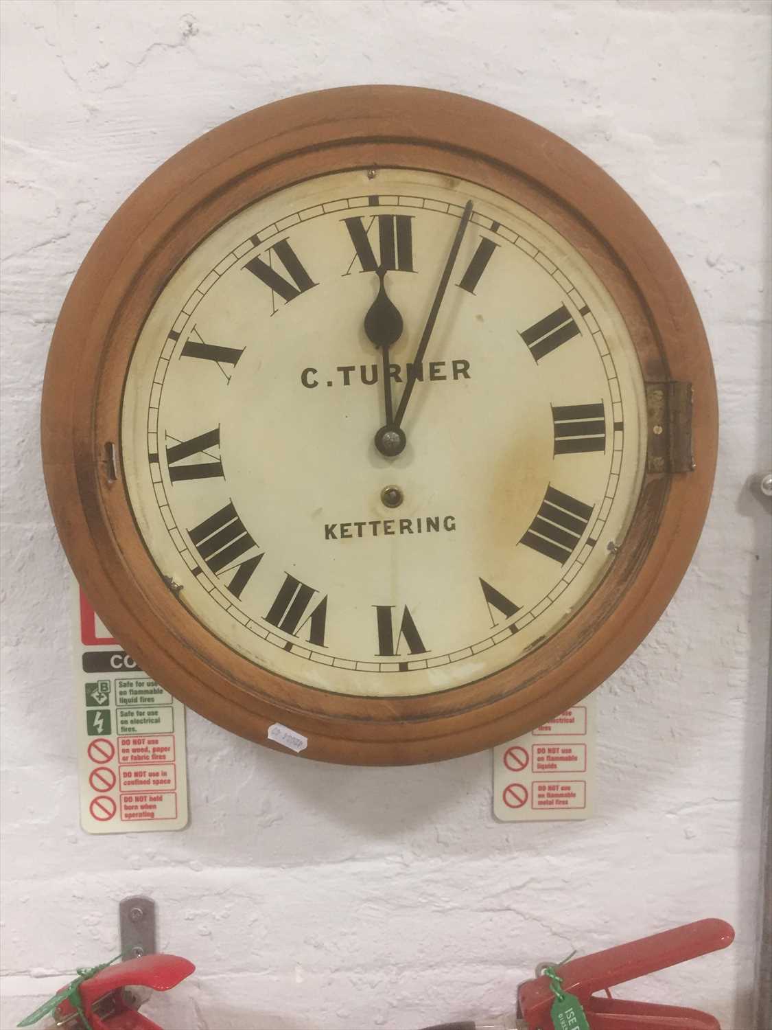 Lot 276 - A pine wall clock, white enamelled dial, signed C. Turner, Kettering