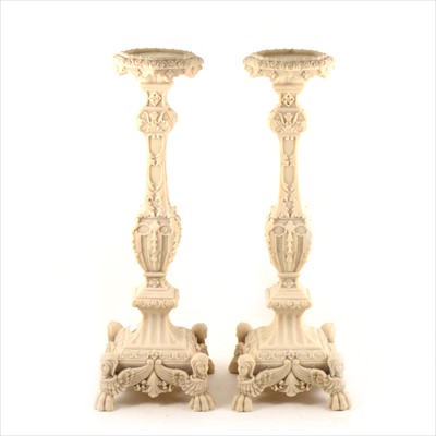 Lot 164 - A pair of contemporary marbelized candle stands, in the Renaissance style