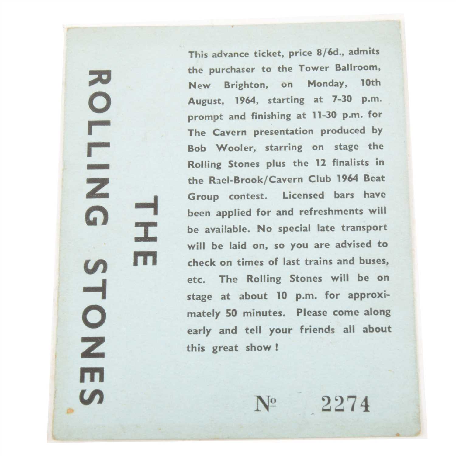 Lot 631 - The Rolling Stones; an original gig ticket no.2274, Tower Ballroom, New Brighton, Monday 10th August 1964.