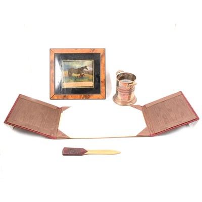 Lot 234 - Silver-plated bottle holder, leather writing pad with page turner, and a Mezzotint of Queen Mary race horse.
