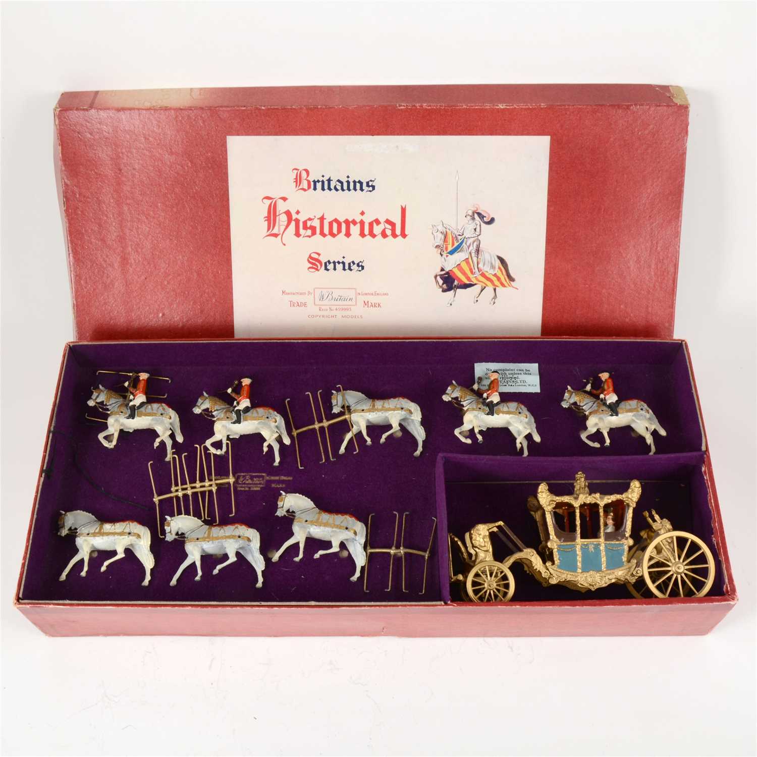 Lot 99 - Britains Historical Series set 9401 Her Majesty's State Coach, boxed, and a couple of other lead painted figures on horses.