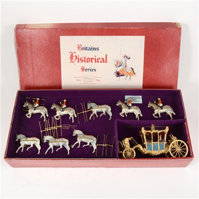 Lot 99 - Britains Historical Series set 9401 Her Majesty's State Coach, boxed, and a couple of other lead painted figures on horses.