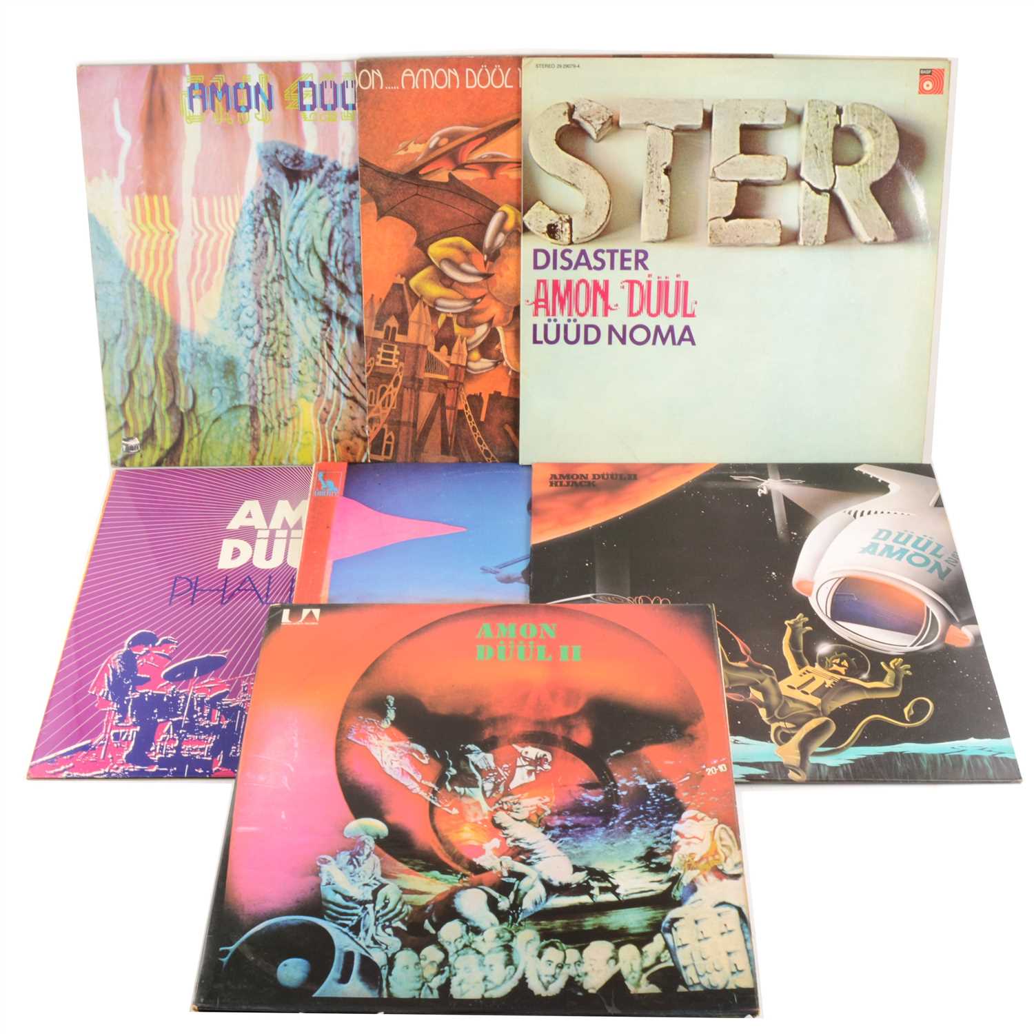 Lot 657 - Amon Duul II; seven vinyl LP albums, Wolf City, Dance of the Lemmings, Disaster Luud Noma. Hijack, Phallus Dei. etc