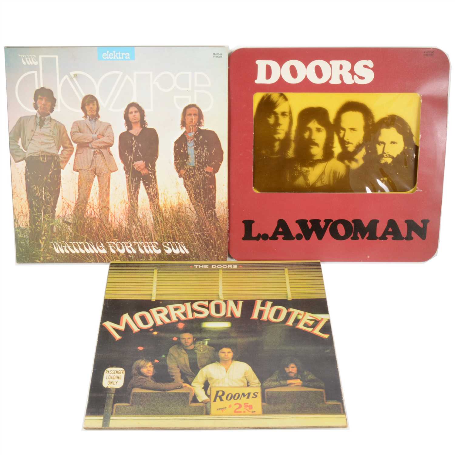 Lot 676 - The Doors; three vinyl LP records, L.A.Woman, Waiting for the Sun and Morrison Hotel.