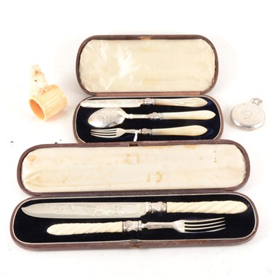Lot 159 - Two  Victorian cased silver flatware sets, a full hunter pocket watch and a napkin ring.