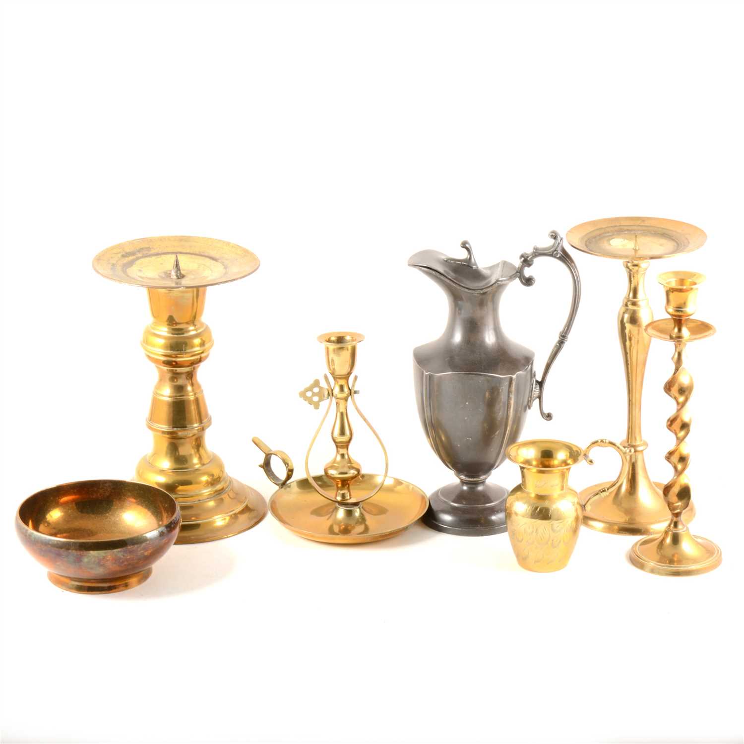 Lot 124 - An aneroid wall barometer/ thermometer, copper and brassware, candlesticks etc.