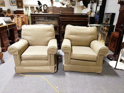 Lot 538 - A pair of contemporary tweed upholstered easy chairs, ...