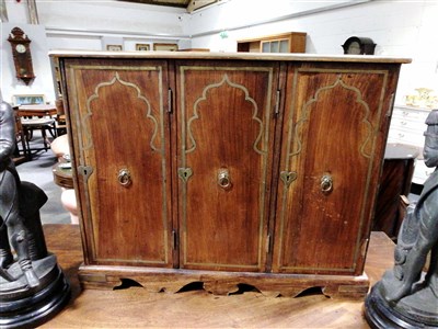 Lot 717 - LOCKED with no key, An Eastern brass inlaid hardwood table top cabinet