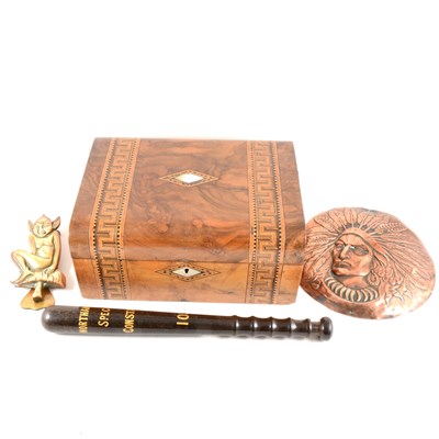 Lot 103 - An inlaid walnut box, Northampton Special Constable truncheon, ARP whistle, 1918 whistle and an Acme Siren whistle, brass imp and Red Indian copper plaque.
