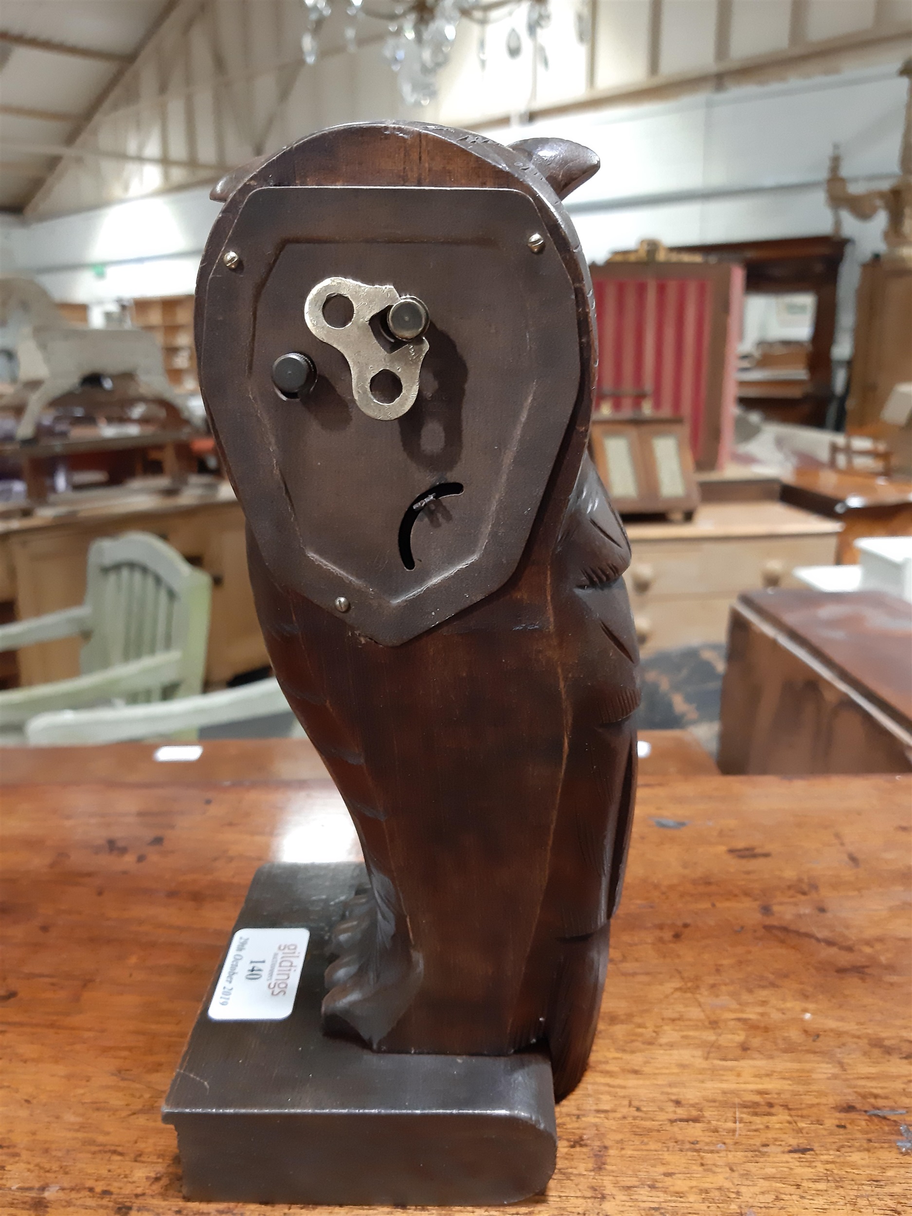 Lot 140 A H Oswald owl clock with rotating eyes.