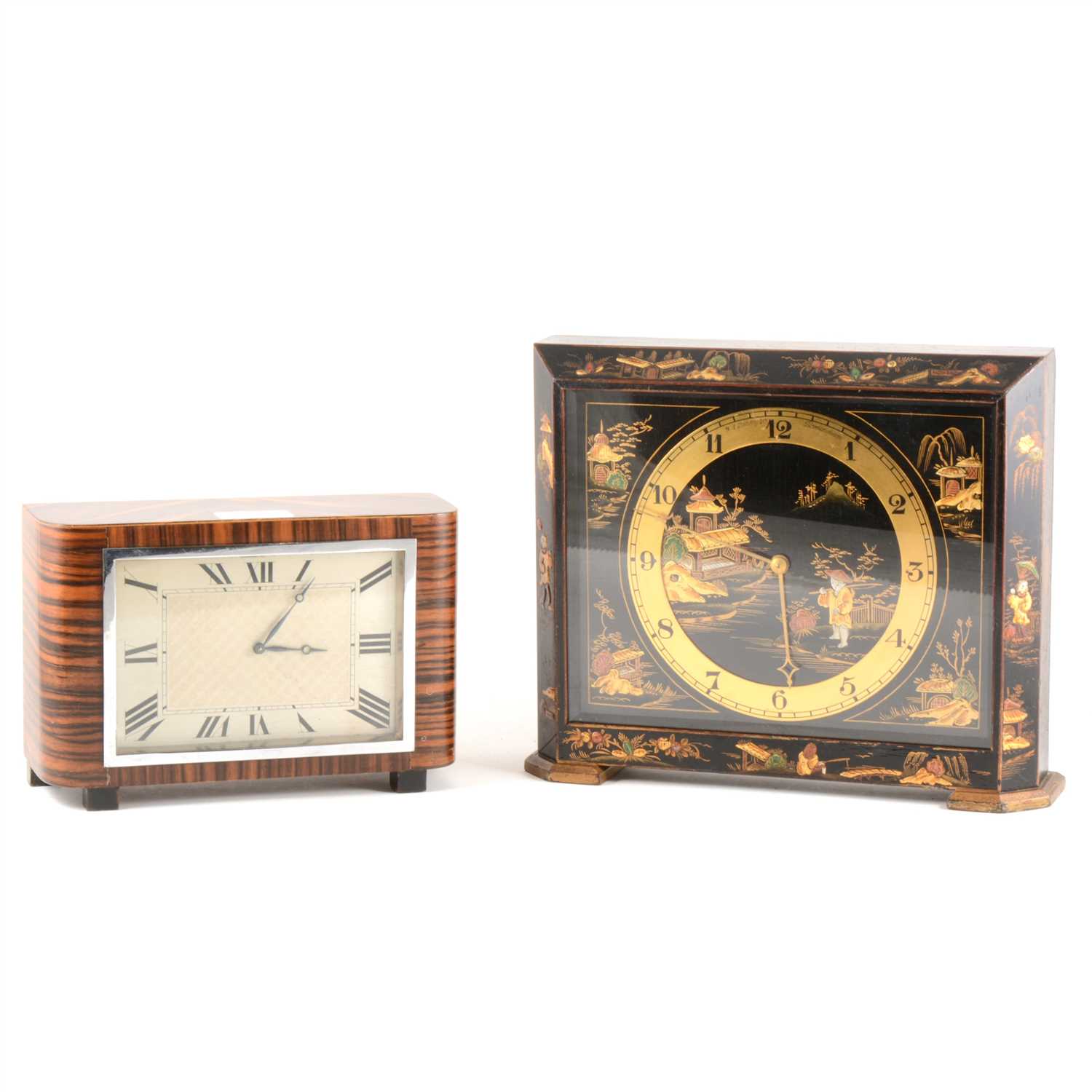 Lot 100 - A chinoiserie style mantel clock by W A Perry, and a zebra wood art deco style clock.