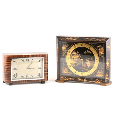 Lot 100 - A chinoiserie style mantel clock by W A Perry, and a zebra wood art deco style clock.