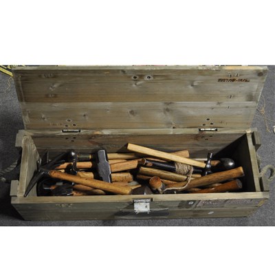 Lot 550 - A wooden box with a collection of various hand tools, restored, old plumb bob.