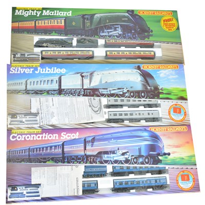 Lot 65 - Hornby OO gauge model railway sets; three including 'Mighty Mallard', 'Silver Jubilee' and 'Coronation Scot'