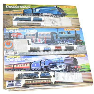 Lot 64 - Hornby OO gauge model railway sets; three including 'GWR mixed traffic', 'The Caledonian', 'The Blue Streak'