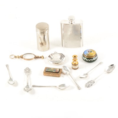 Lot 162 - A tray of small collectables, a silver-plated engine turned hip flask, 10cm, a circular silver patch box cover engraved 1922, hallmarked Birmingham 1921