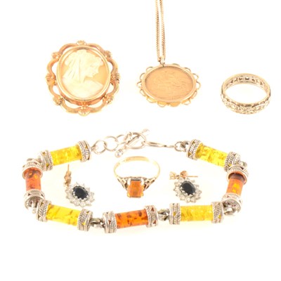 Lot 271 - A full sovereign pendant and chain, two rings, earrings, amber bracelet, cameo brooch.