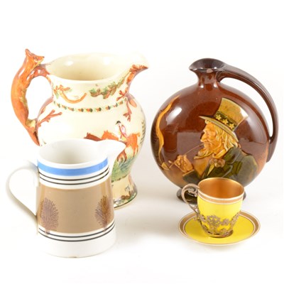 Lot 74 - A Mocha ware jug, John Peel jug, Dewar's whisky ewer by DOulton, and a Worcester coffee can and saucer.