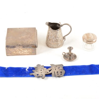 Lot 160 - A silver cigarette box, Chinese white metal buckle, and other small white metal items.