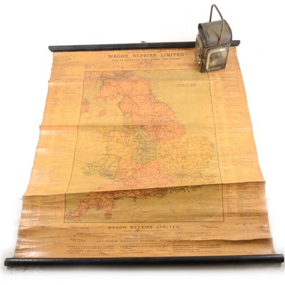 Lot 89 - Railway Map of England and Wales; produced by Wagon Repairs Limited, and a Merryweather fire engine lamp