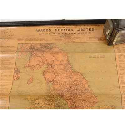 Lot 89 - Railway Map of England and Wales; produced by Wagon Repairs Limited, and a Merryweather fire engine lamp