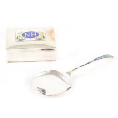 Lot 176 - A white metal and enamel cigarette box and large shovel spoon.