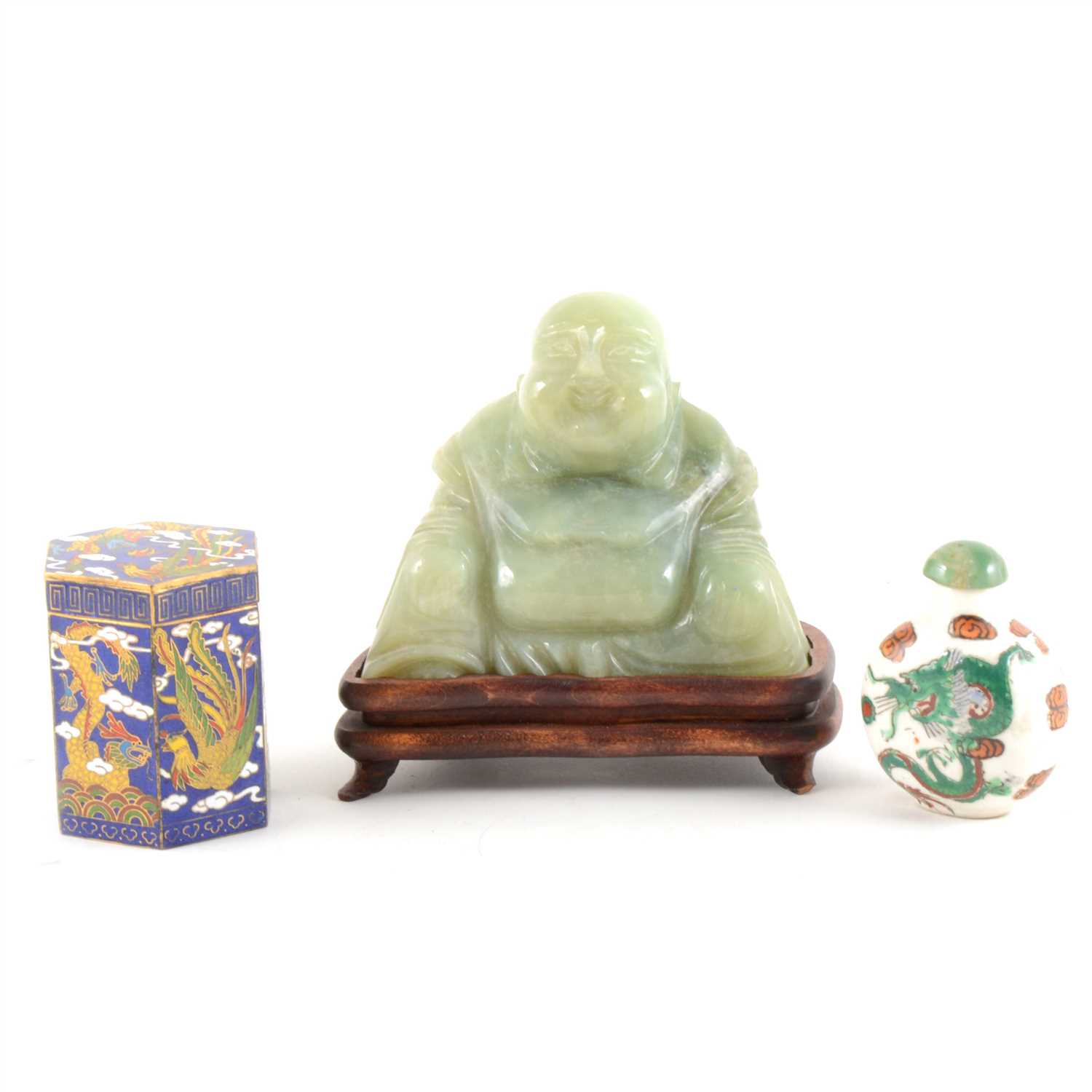 Lot 18 - Modern carved jade figure of Hotei, jade top scent bottle and cloisonné box.