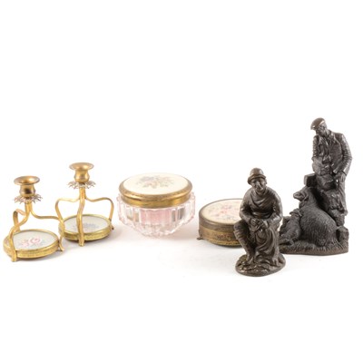 Lot 110 - Pair of binoculars, resin figures, wooden figures and a dressing table set.