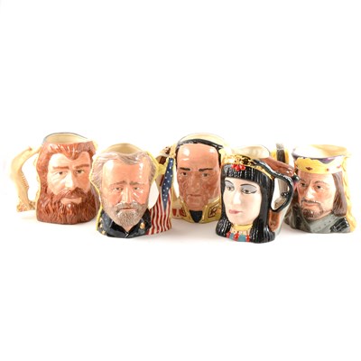 Lot 17 - Royal Doulton character jugs; six to include D6836 King Arthur & Guinevere, etc and tea pot Old Salt.