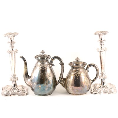 Lot 42 - A pair of 31cm silver-plated candlesticks, coffee pot and teapot, cased set of fish servers with mother-of pearl handles.