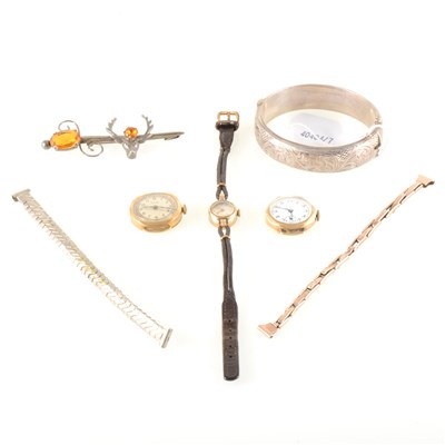 Lot 282 - A collection of watches, silver kilt pin, silver brooch, heart locket.