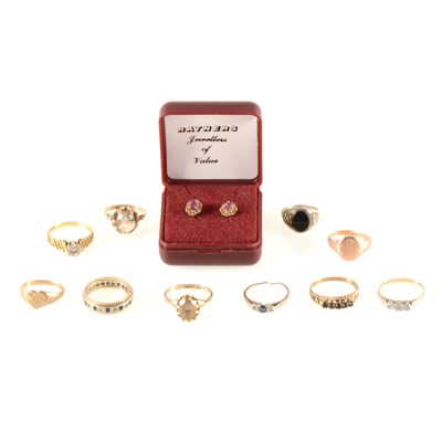 Lot 231 - Nine gold rings, a silver ring and pair of earrings